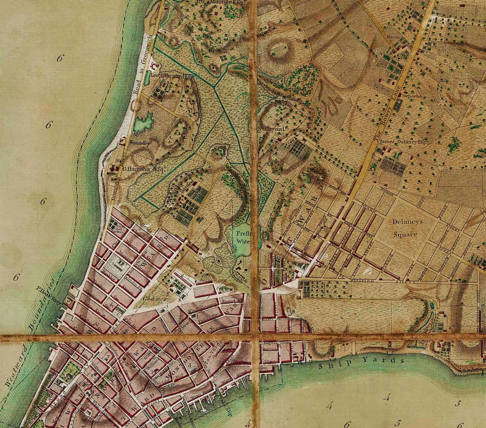 Detail from the Ratzer Plan (surveyed 1766–67) showing the Fresh Water (Collect Pond), N. Bayard's land, and Bowery Lane